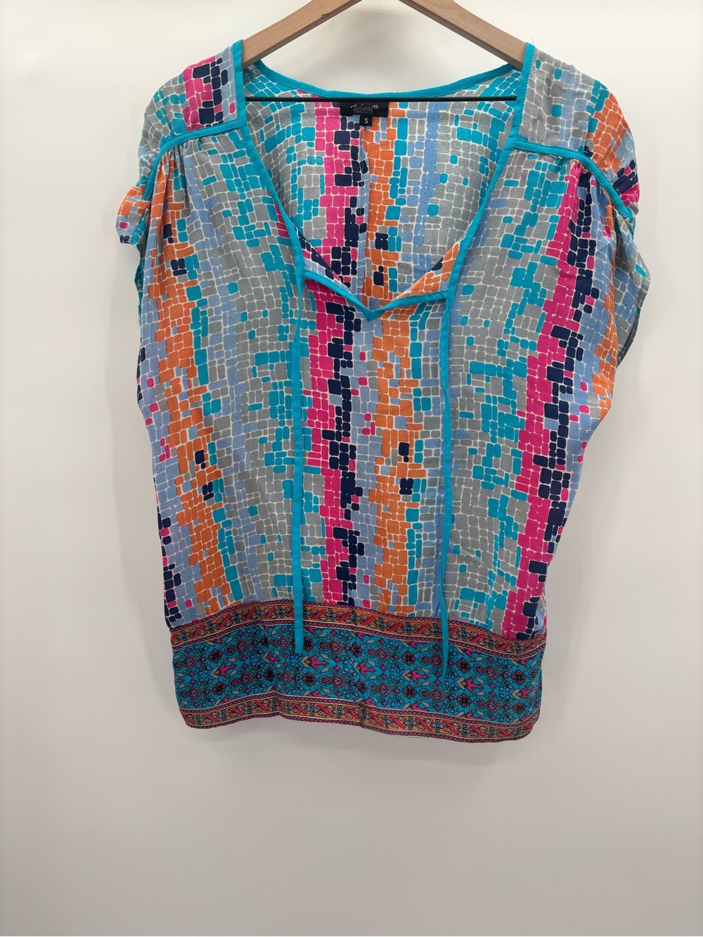 Tolani Mosaic Stripe V-Neck Tunic - Turquoise Pink Orange Gray 100% Silk Small